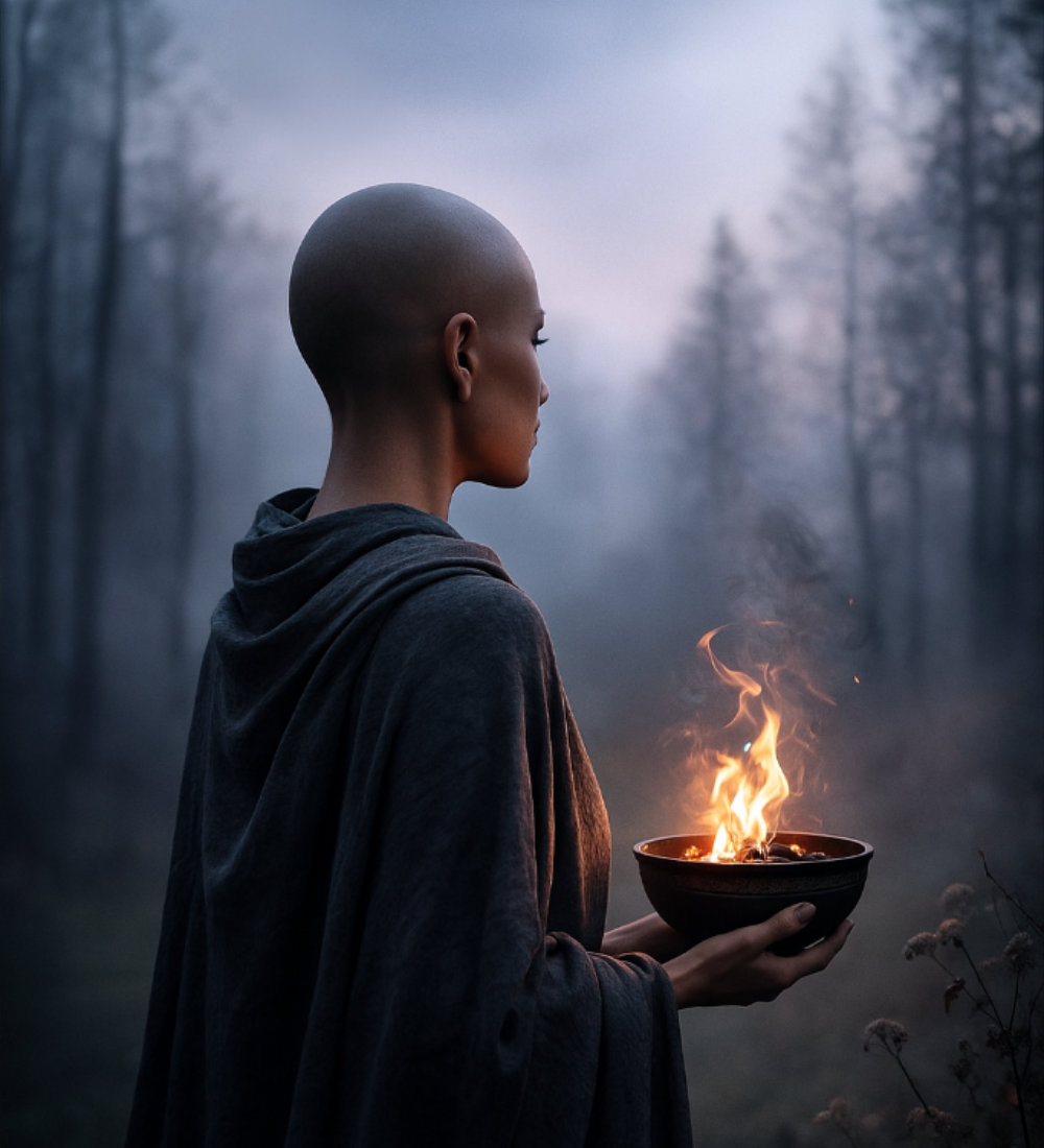 Eine Frau steht mit einer brenenden Schale in den Händen im mystischen Wald